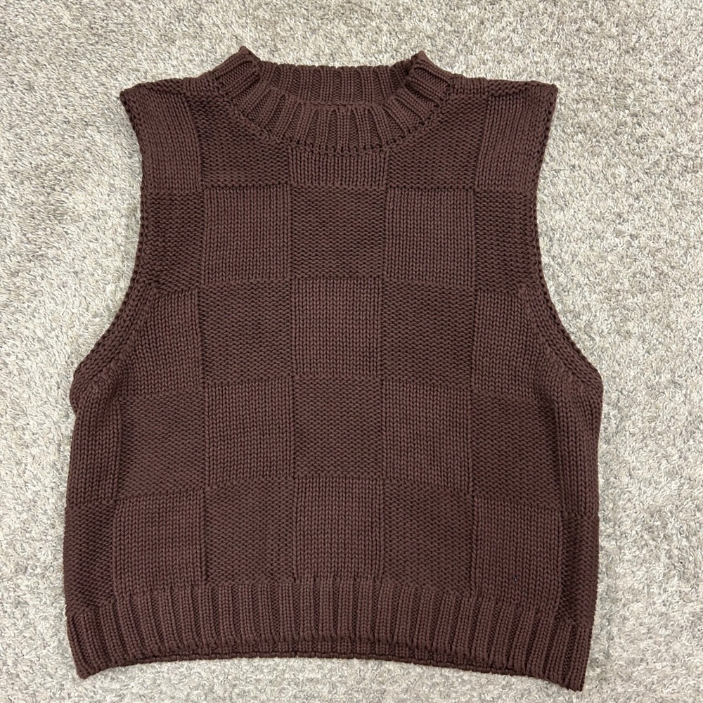 Crescent Sweater Vest Medium Brown Checkerboard Knit Cotton CT7660